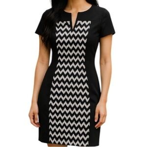 CONNECTED APPAREL Split V-Neck Chevron Print Dress Black White Metallic Size 10